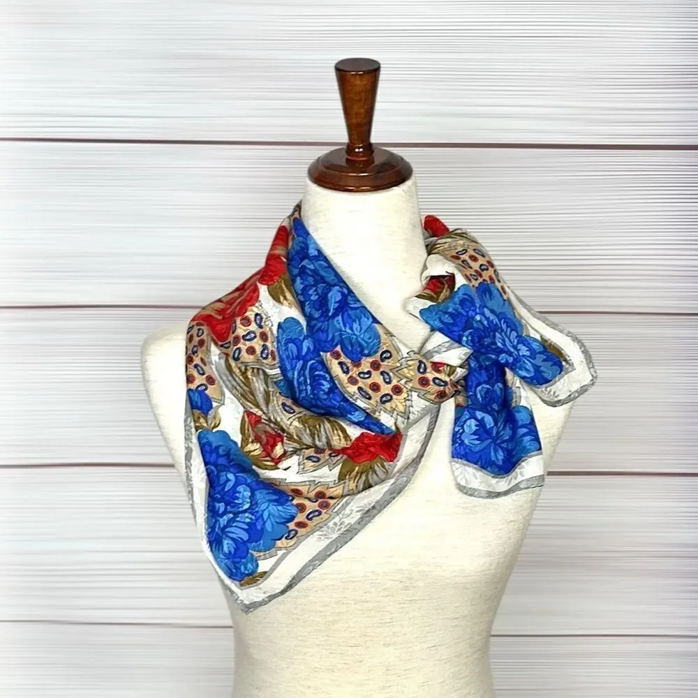 Albert Nipon for XIIX KARAT Silk Scarf Blue Magenta Tan Floral Roses Vintage